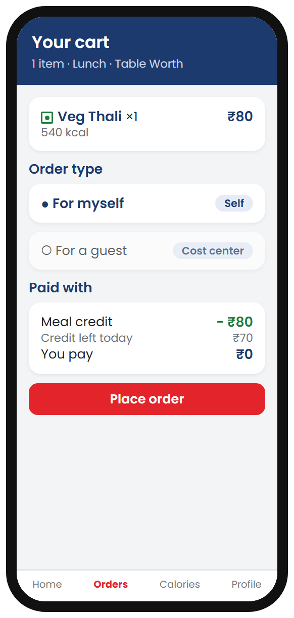 SimplyMeal cart screen with credit payment