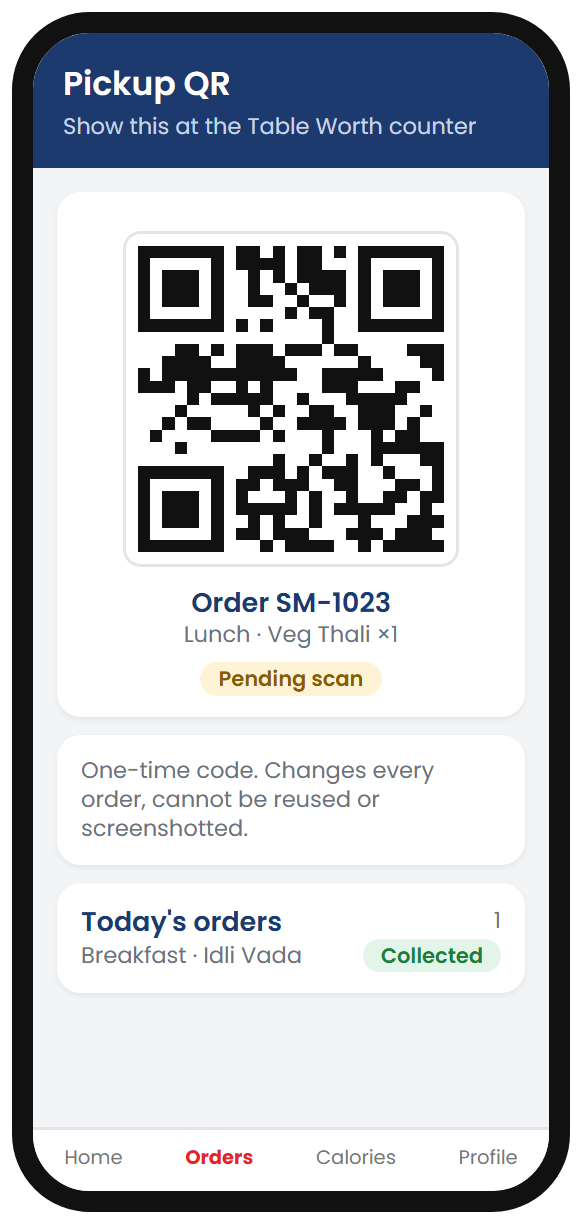 SimplyMeal one-time QR pickup screen